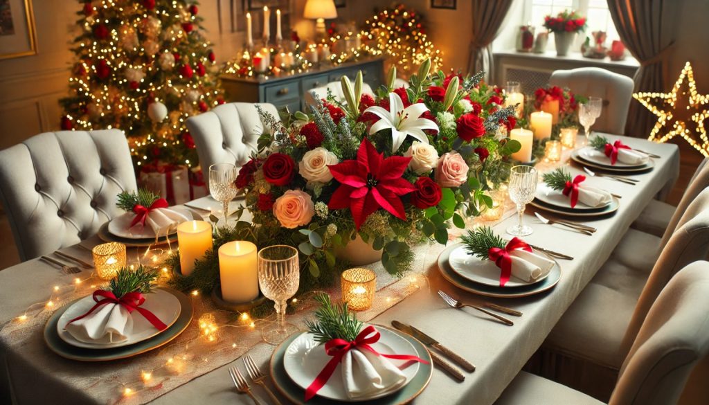 Decoracion de mesas en navidad, decoracion mesa de noche buena, cena de noche vieja, floristeria en rivas, tendencias decoración navidad 2024