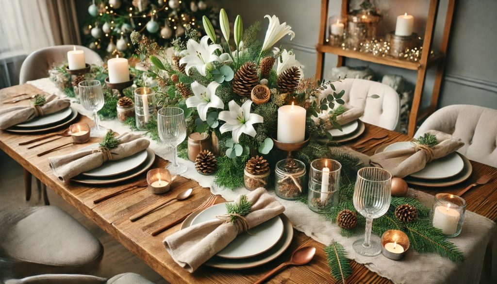 Decoracion de mesas en navidad, decoracion mesa de noche buena, cena de noche vieja, floristeria en rivas_1, tendencia decoración navideña 2024