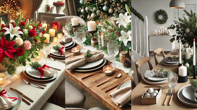 Mesa de noche buena elegante, floristeria en rivas, tendencias decoración navidad 2024